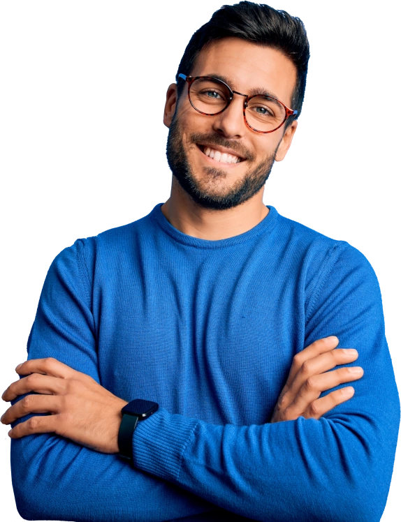 Man in blue shirt confidently protecting himself against debt collectors