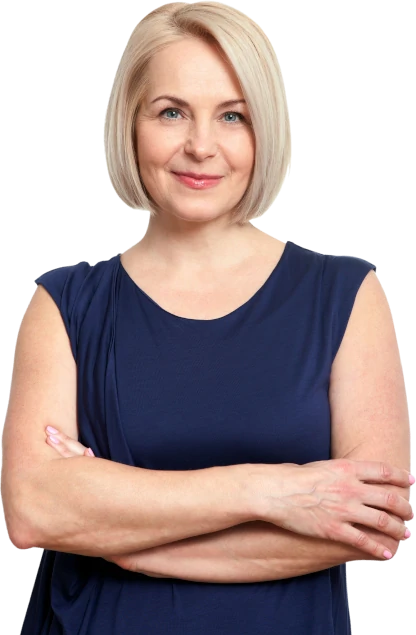 Woman with short hair in blue shirt