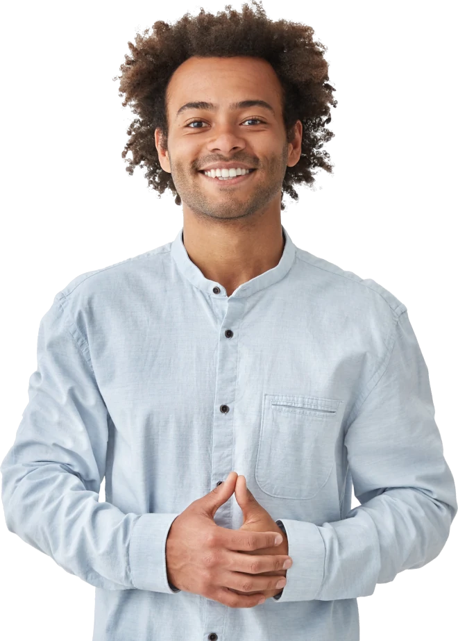 Man in cyan shirt encouraging you to defend against debt collectors